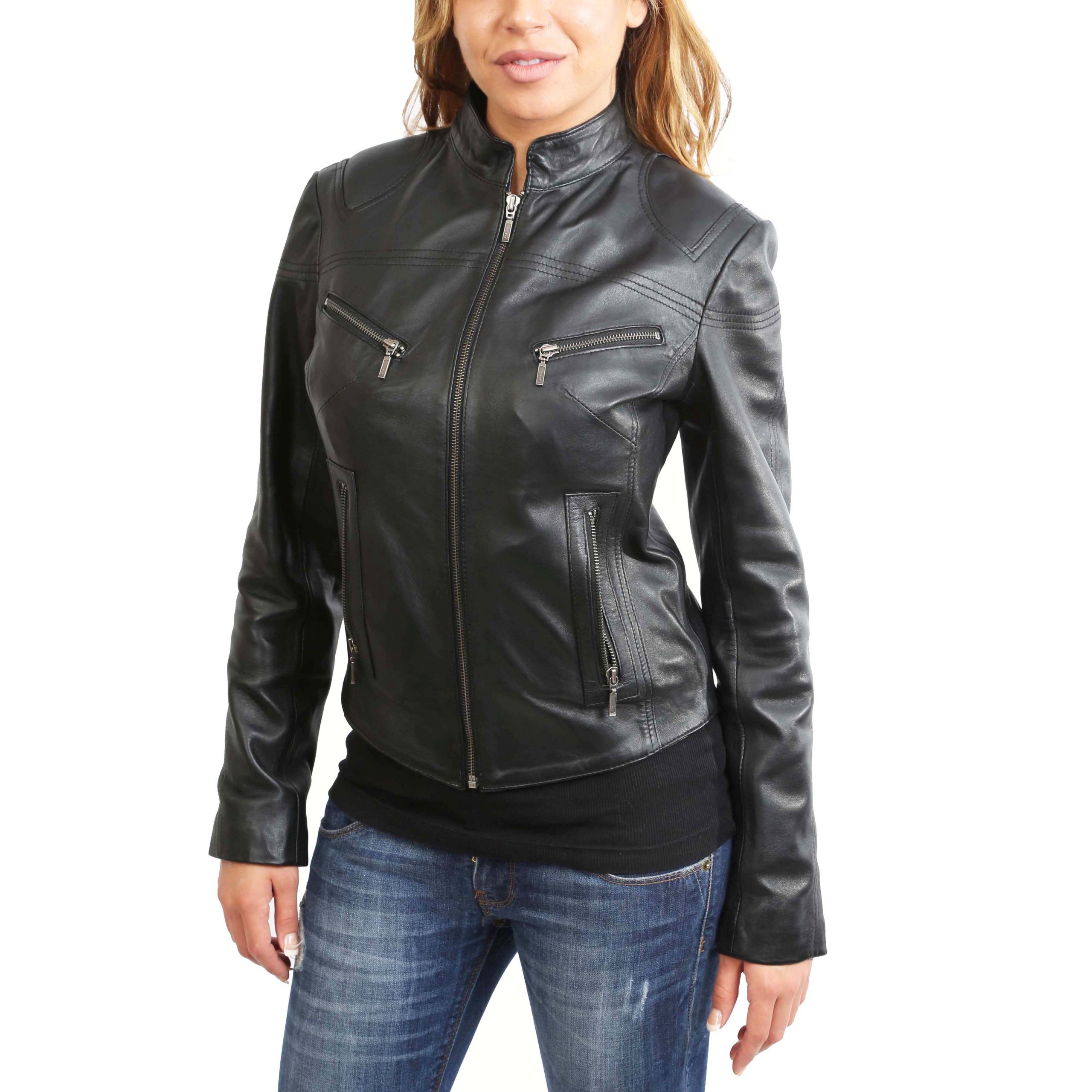 Ladies Real Leather Biker Style Standing Collar Casual Zip up Jacket Becky Black