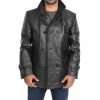Men's Black Leather Duffle Coat with Hoodie