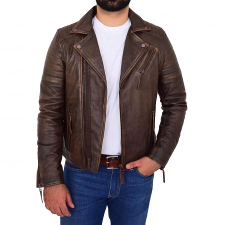 Mens Biker Leather Jacket Dual Zip Hook Brown Vintage