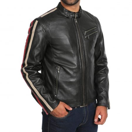 Men's Biker Striped Leather Jacket Black