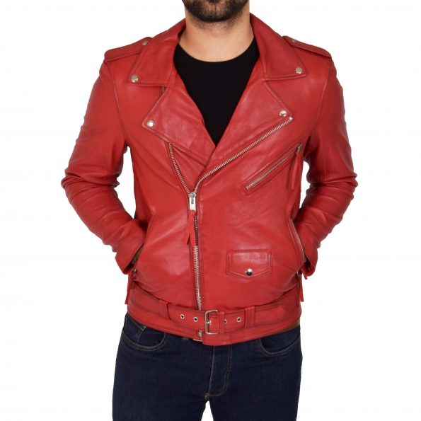 Mens Leather Biker Jacket Brando Style Johnny Red