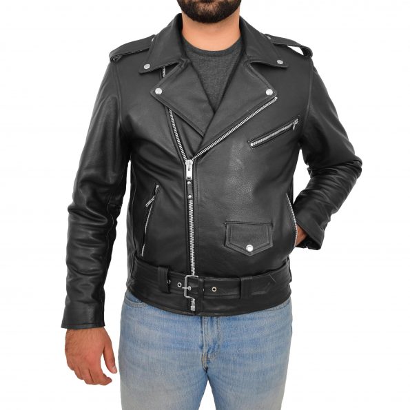 Mens Heavy Duty Leather Biker Brando Jacket Kyle Black