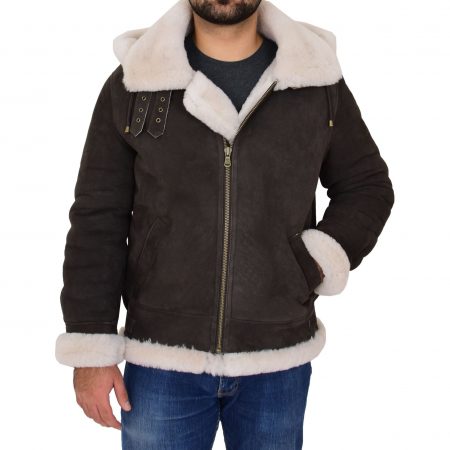 Men's B3 Sheepskin Jacket Detachable Hoodie Ruben Brown White