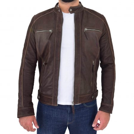 Mens Classic Leather Biker Style Zip Jacket Ethan Brown