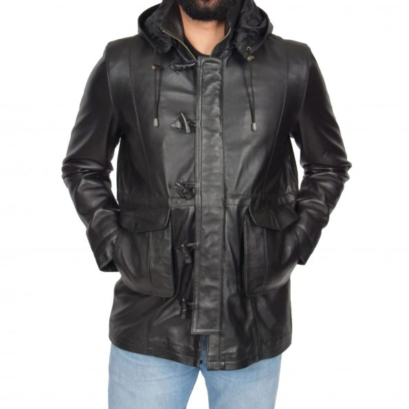 Men's Black Leather Duffle Coat with Hoodie