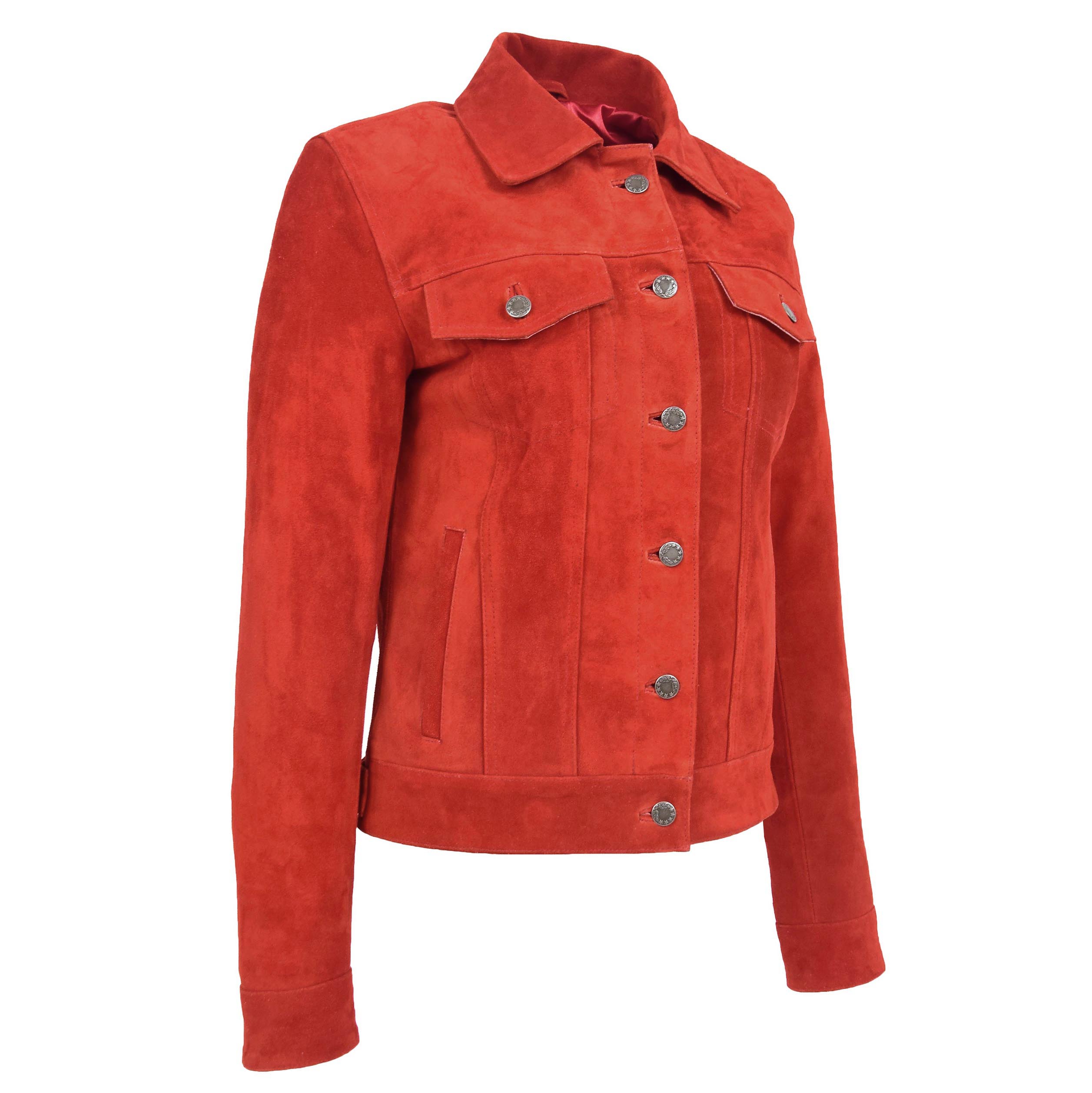 Womens Soft Suede Trucker Style Jacket Alma Red - Bikers Leather Jacket