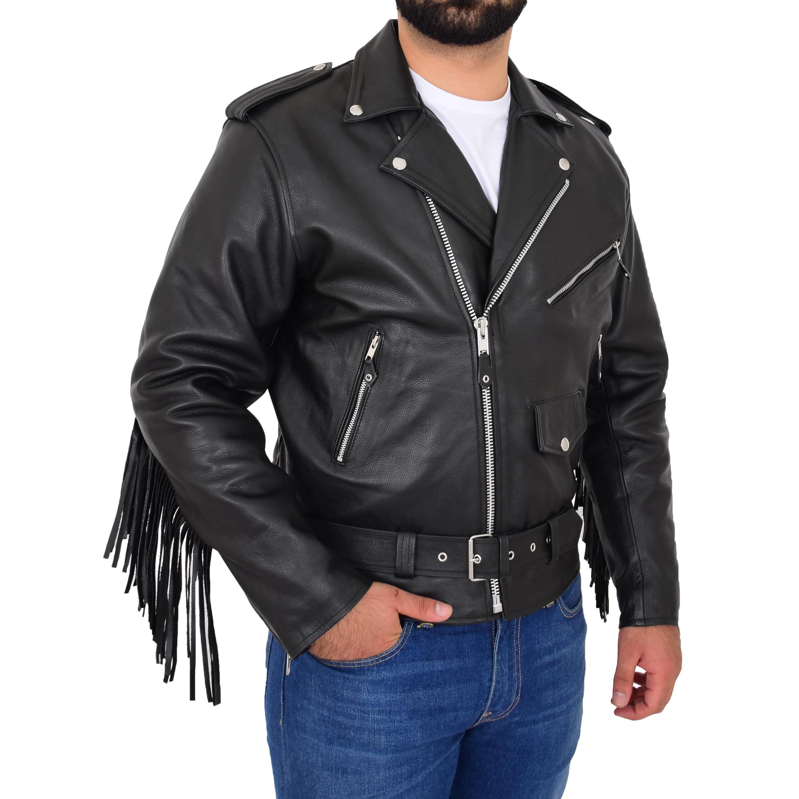 Mens Biker Brando Leather Jacket With Fringes Wayne Black Bikers Leather Jackets