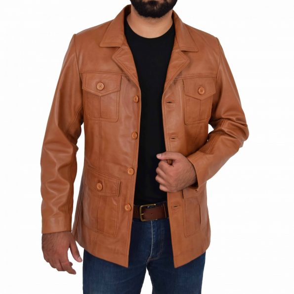 Mens Button Fastening Reefer Leather Jacket Tan