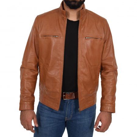 Men's Standing Collar Leather Jacket Tony Tan