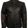 Mens Red Black Cafe Racer Striped Real Black Leather Motorcycle Jacket