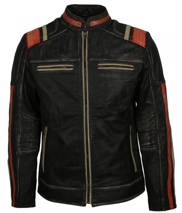 Men Cafe Racer Biker Retro Black Motorcycle Leather Jacket