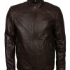 Men Casual Shirt Collar Real Brown Leather Biker Jacket Outfit
