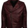 Men Classic Brando Quilted White Waxed Leather Biker Jacket