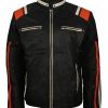 Men Retro Style Biker Distressed Grey Striped Motorcycle Leather Jacket