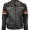 Men Retro Designer Cafe Racer Striped Black Leather Motorcycle Jacket