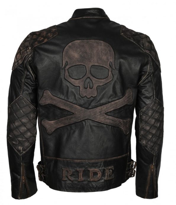 Men Skull Vintage Biker Distressed Black Motorcycle Leather Jacket