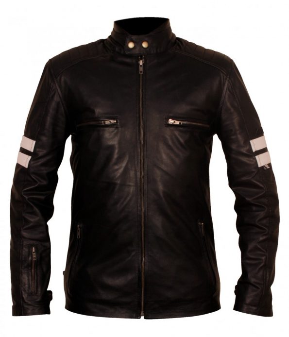 Mens Black with White Stripes Retro Biker Style Faux Leather Jacket