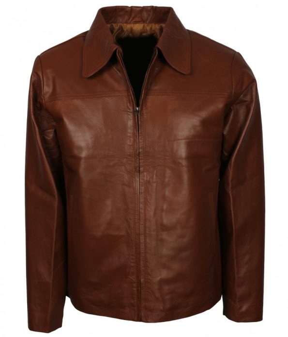 Men Casual Shirt Collar Real Brown Leather Biker Jacket Outfit
