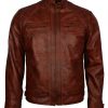 Mens Cafe Racer Style Quilted Waxed Brown Biker Leather Jacket