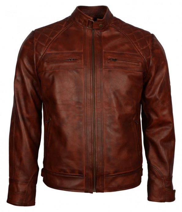 Mens Classic Diamond Distressed Brown Biker Leather Jacket