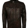Mens Vintage Distressed Slim fit Quilted Rusty Black Leather Biker Jacket