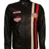 Steve McQueen Le Man Grand Prix Striped Gulf Brown Biker Leather Jacket