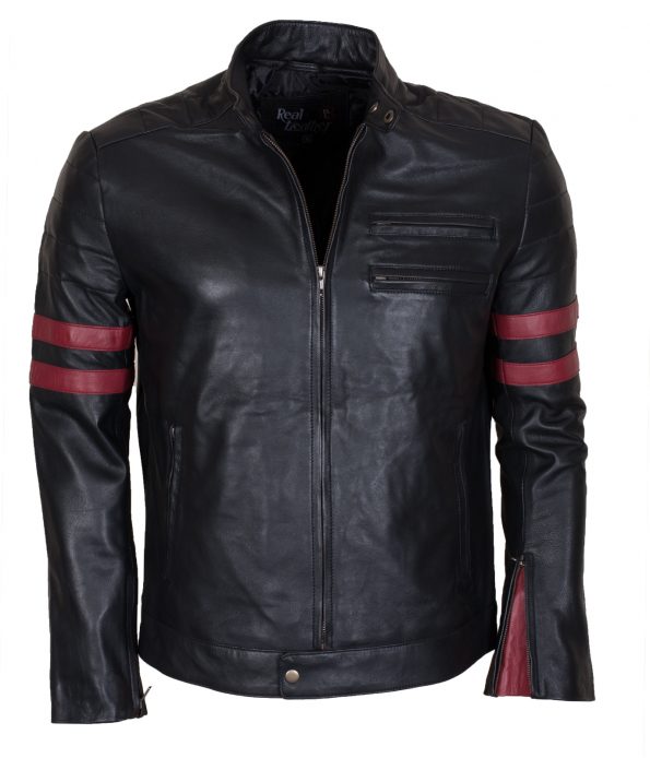 Men Mayhem Hybrid Red Stripes Black Faux Leather Jacket Costume