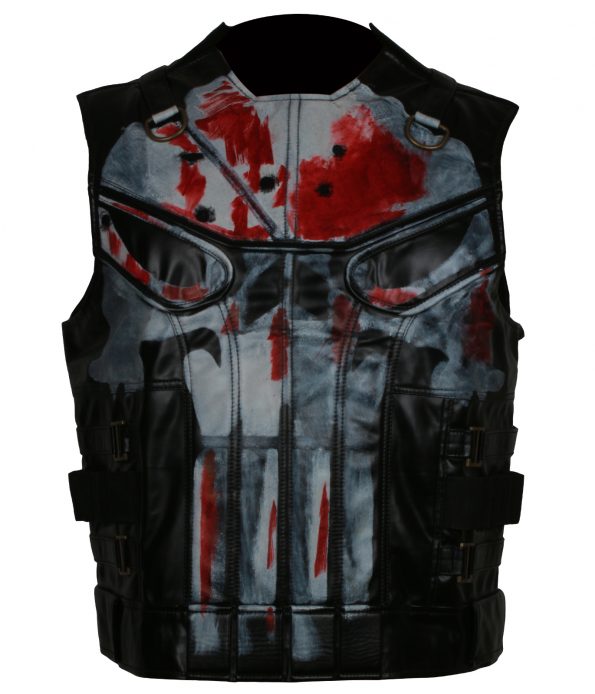 Mens Punisher Season 2 Jon Berthnal Tactical Skull Black Biker Faux Leather Vest Costume