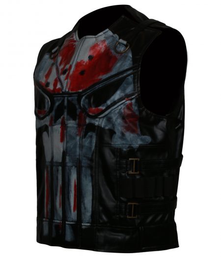 Mens Punisher Season 2 Jon Berthnal Tactical Skull Black Biker Faux Leather Vest Costume