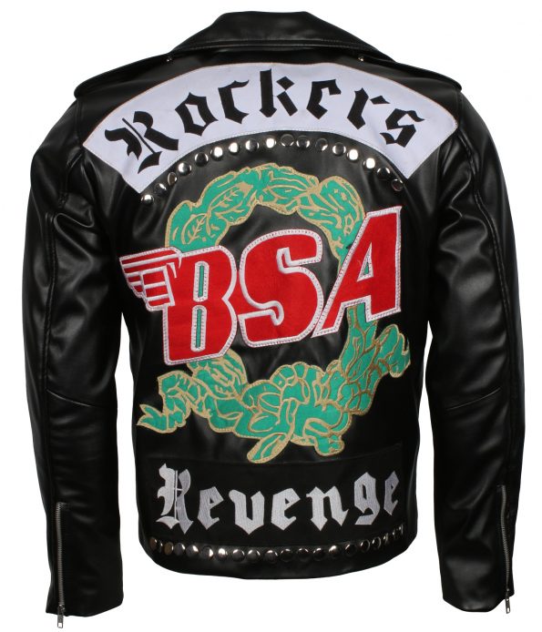 BSA George Micheal Revenge Rockers Embroidered Black Biker Leather Jacket Costume halloween