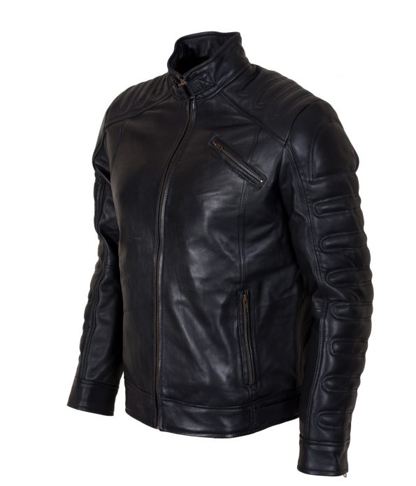 Black Padded Cafe Racer Biker Leather Jacket