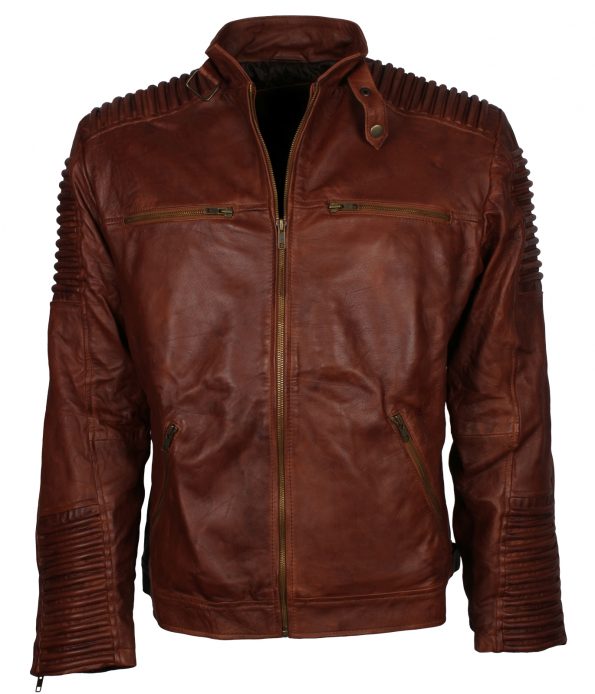 Classic Cafe Racer Quilted Brown Distressed Mens Motorcycle Leather Jacket biker jackets