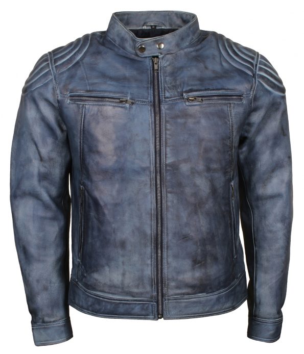 Classic Men Cafe Racer Blue Waxed Biker Bomber Leather Jacket