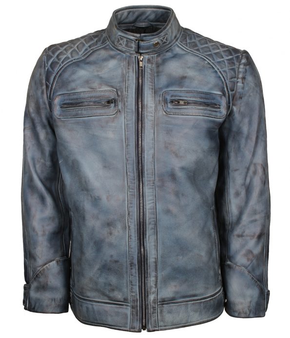 Classic Men Cafe Racer Blue Waxed Biker Leather Jacket