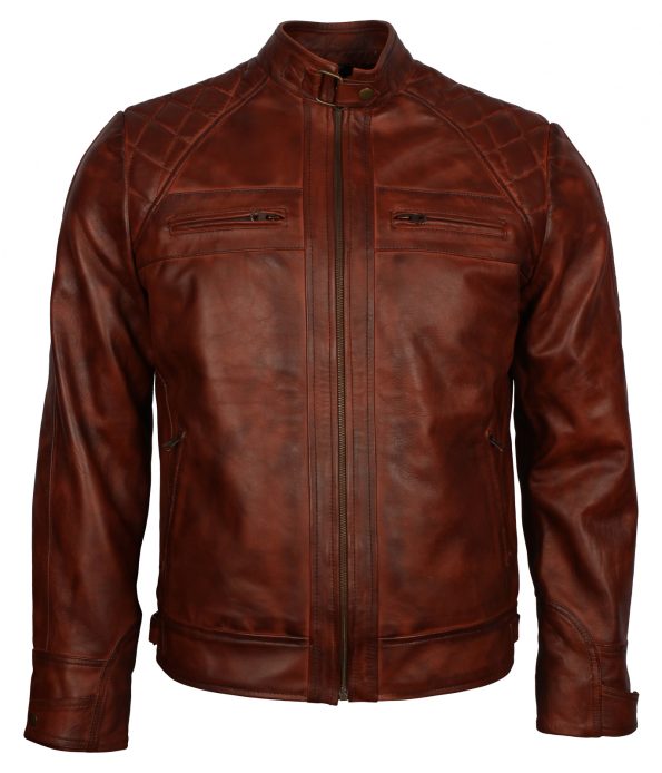 Classic Men Diamond Distressed Brown Biker Leather Jacket