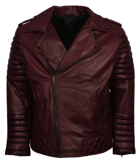 Men Classic Brando Maroon Waxed Motorcycle Leather Jacket