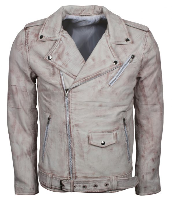 Men Classic Brando White Waxed Motorcycle Leather Jacket