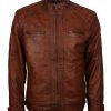 Men Classic Quilted Cafe Racer Brown Flap Pocket Leather Jacket
