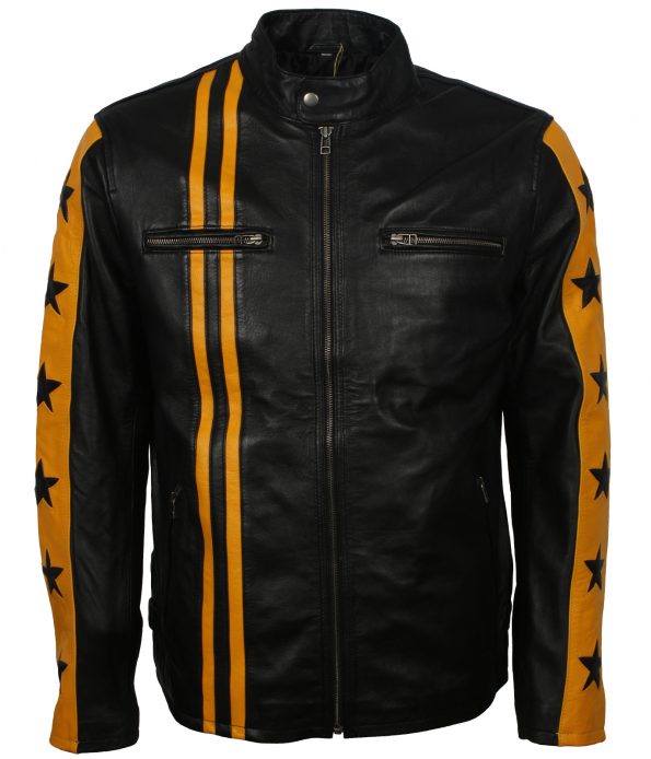 Men Driver San Francisco Yellow Stripe Black Biker Leather Jacket