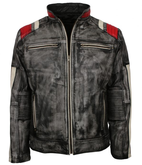 Men Retro Gray Waxed Designer Motorcyle Leather Jacket