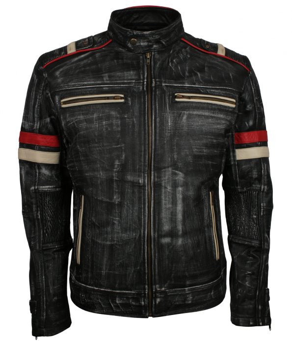 Men Retro Gray Waxed Stripe Biker Leather Jacket