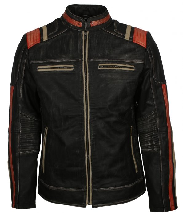 Men Retro Moto Stripe Leather Jacket