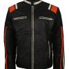 Men Designer Retro Black Stripe Motorcyle Leather Jacket