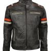 Men Retro Stripe Black Motorcyle Leather Jacket