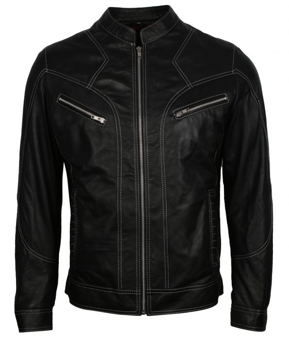 Men Retro Zipper Custom Black Biker Leather Jacket