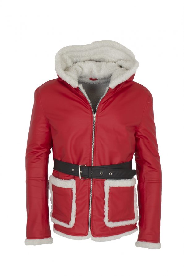 Men Santa Clause Red Furr Leather Jacket
