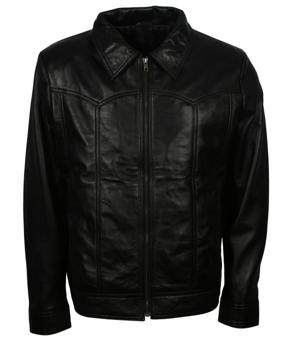 Men Shirt Collar Black Designer Leather Jacket