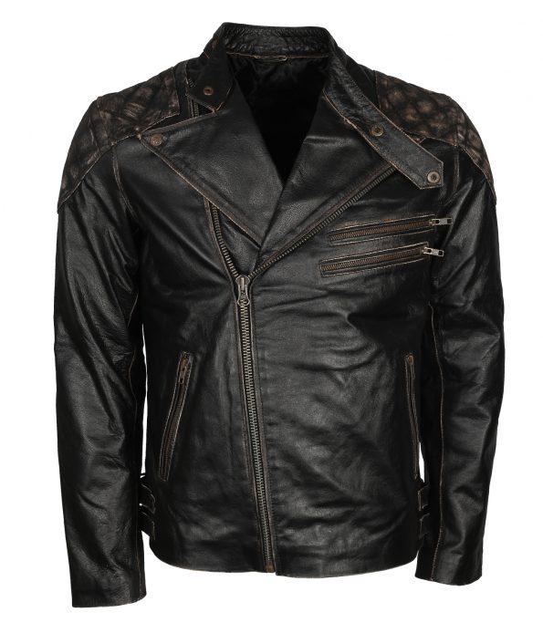 Men Skull Embossed Vintage Distressed Biker Black Motorcycle Leather Jacket costume