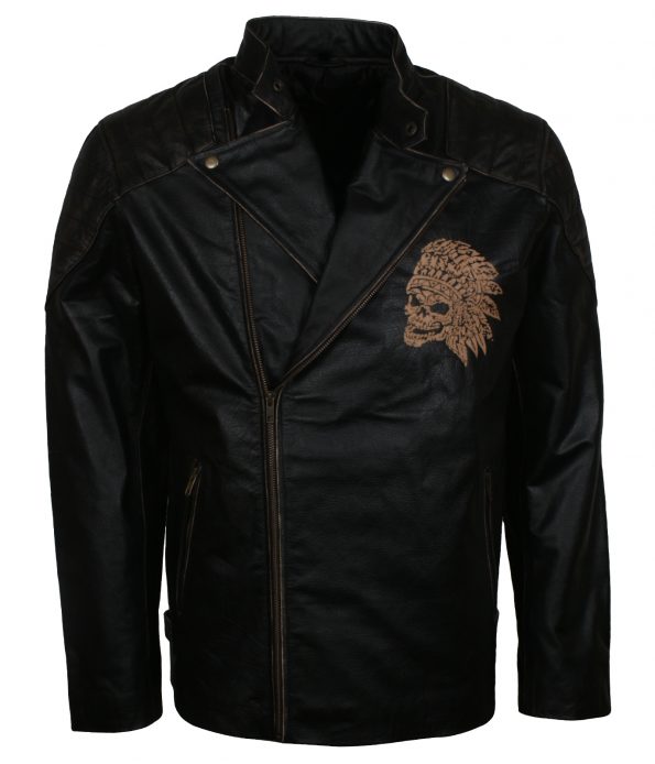 Men Wild Skull Black Motorcyle Leather Biker Jacket