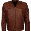 Mens Tan Designer Bomber Quilted Leather Jacket